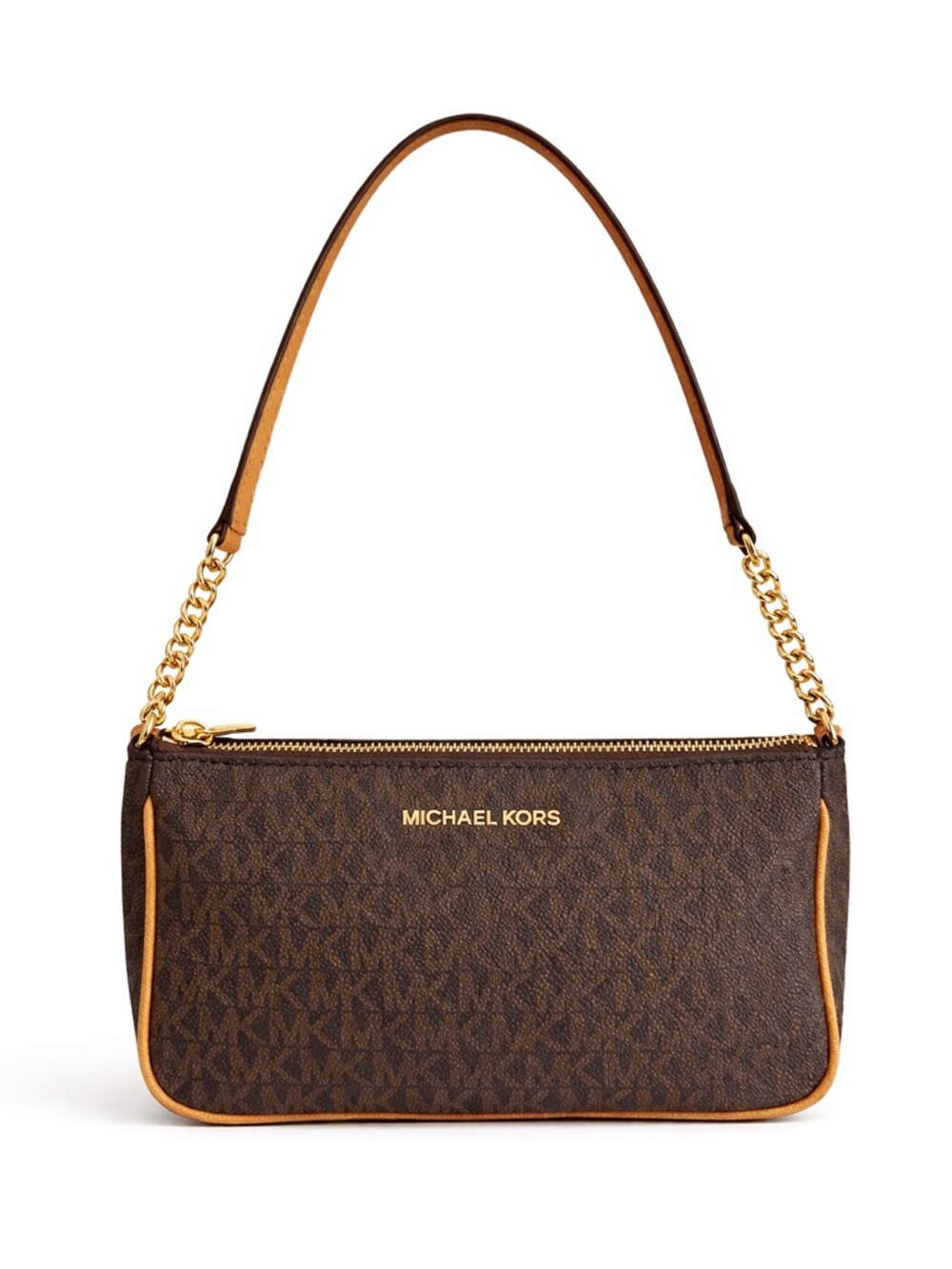Michael Kors Brown Signature Logo Shoulder Bag Gold Chain Small Baguette - Picture 2 of 10